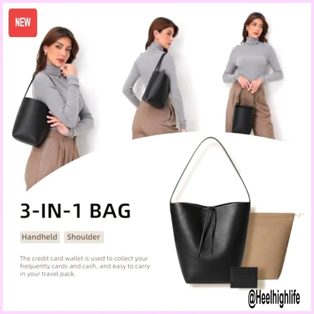 Genuine Leather Bucket Tote Bag with Credit Card Holder Wallet